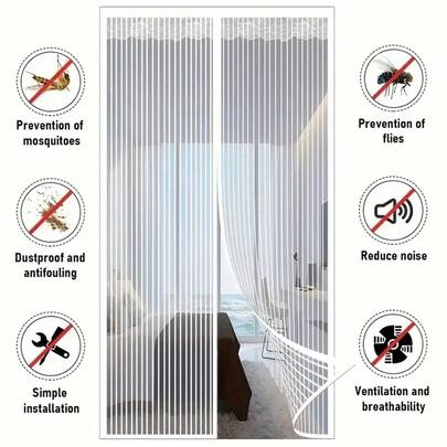 1件装磁性白色蕾丝边门帘夏季蚊帐网状隔断条纹图案设计防蝇适用于厨房客厅卧室静音窗帘