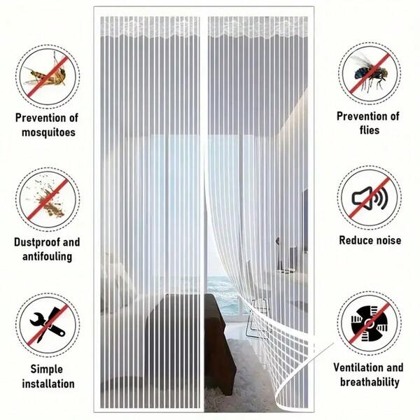 1pc Magnetic White Lace Edge Door Curtain, Summer Mosquito Net Mesh Partition, Striped Pattern Design, Anti-Fly, Suitable For Kitchen, Living Room, Bedroom, Silent Curtain