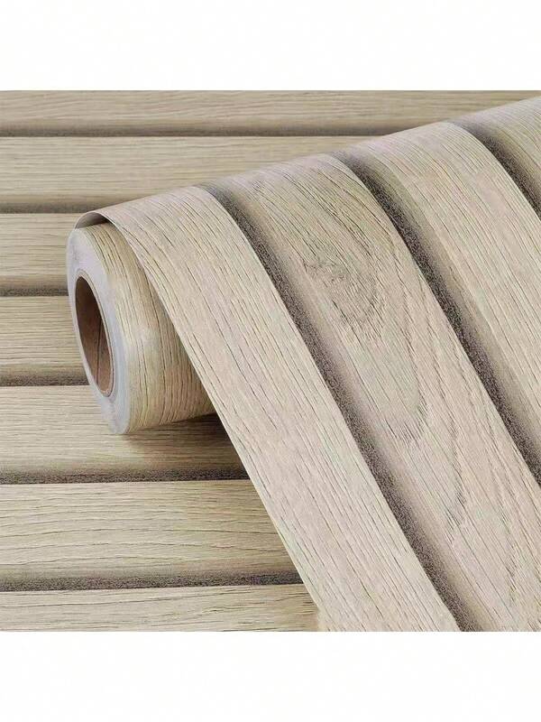1 Roll Of Beige Striped Home Decor Wallpaper, Waterproof And Oil-Proof Kitchen Decor, Self Adhesive Removable PVC Wooden Pattern Wallpaper. Peel And Stick Wallpaper For Kitchen Cabinets Bedroom Living Room Countertop Furniture Renovation Wallpaper