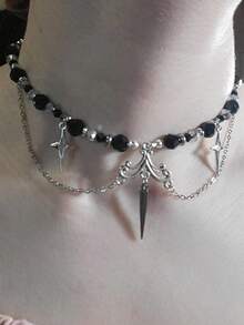 1pc Cross Water Drop Pendant Necklace, Star Burst Tassel Necklace, Gothic Black Glass Beads & Stainless Steel Chain, Suitable For Women Daily, Party, Cosplay, Music Festival, Performance, Jewelry Gift - 彩色 - 查看 7