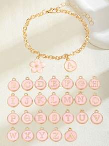 1pc Flower & Initial Letter Pink Charm Bracelet Suitable For Women Sweet Stylish Summer Jewelry For Ms. Birthday Gift