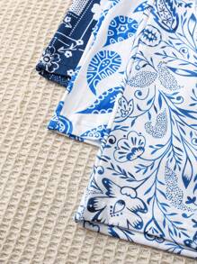 3 sztuki boho - eleganckie niebieskie spodnie wypoczynkowe z nadrukiem paisley i kwiatowym, jesienne ubrania