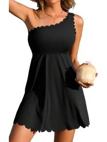 Ribbed One Shoulder Swim Dress With Tummy Control For Women - Light Green - View 7