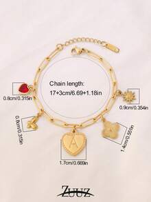 1pc Fashionable Stainless Steel A-Z Heart-Shaped Letter Pendant Bracelet, Women's Initial Butterfly, Heart, Sun, Clover Pendant Bracelet, Couple Jewelry Gift, Suitable For Daily Wear - Bracelet - View 2