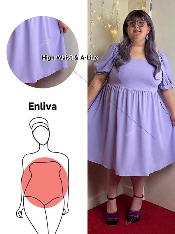 Enliva Plus Square Neck Puff Sleeve Shirred Back Dress