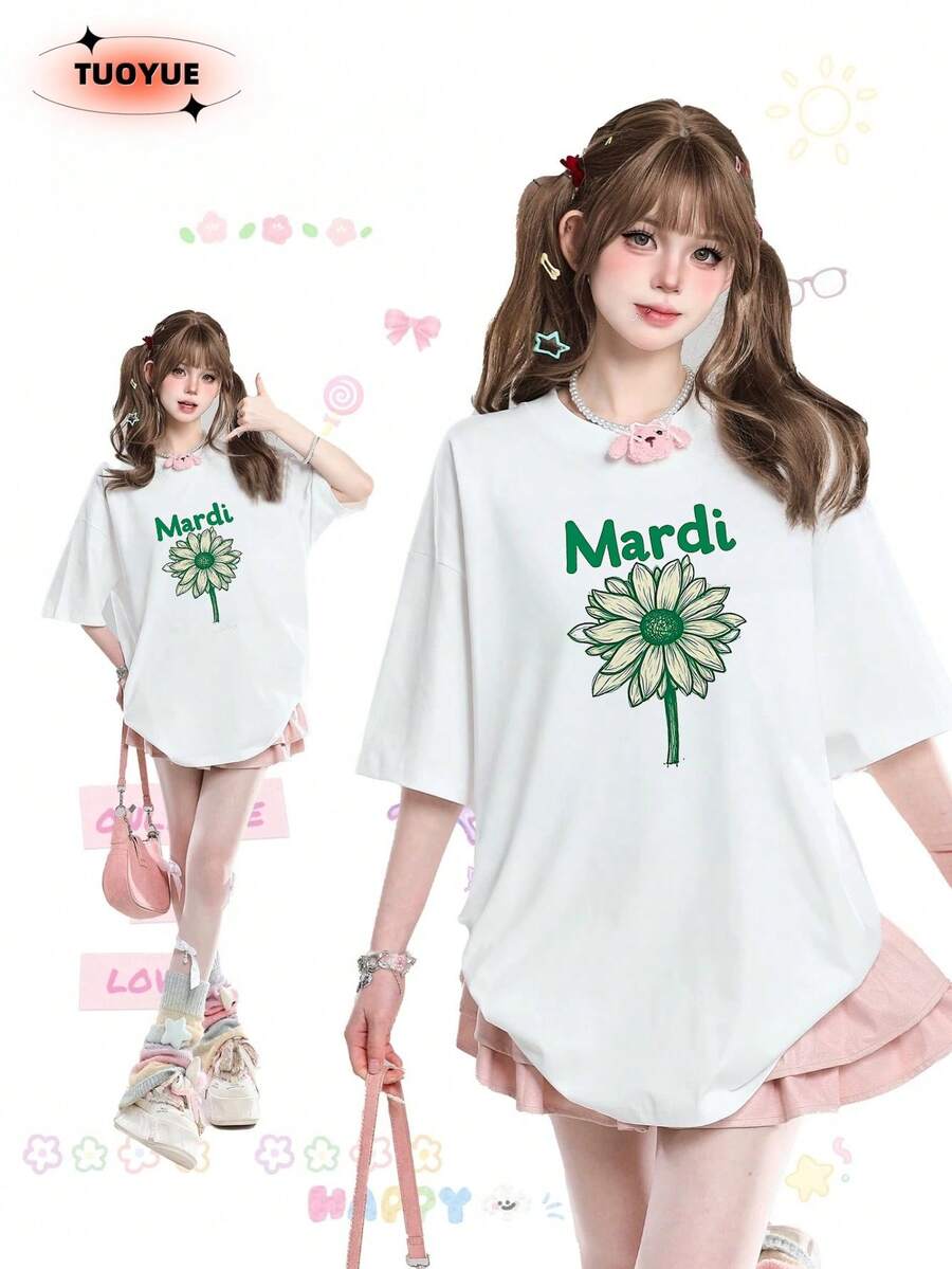 TUOYUE Ins Cute Print Short Sleeve T-Shirt New For Women Loose Fit Popular Spoiled Little Sister Style Pure Cotton Top - 白色 - 查看 1