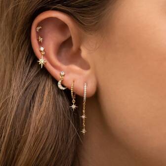 6pcs/Set Waterproof Copper Inlaid Zirconia Star And Moon Earrings Set, Fashionable Cute Earrings