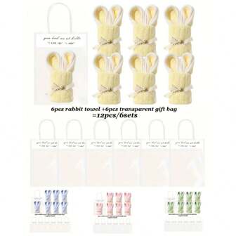 12pcs, Rabbit Towel Wedding Gift Set, Including 6 Towel Rabbits, 6 Gift Bags, With Handles, Polyester, Non-Electric, With Few Feathers. It Is Very Suitable For Wedding Gifts, Finding A Partner Parties, Birthdays, Home Decoration Tissues, Easter Rabbit Decorations, And Is An Ideal Choice For Weddings.