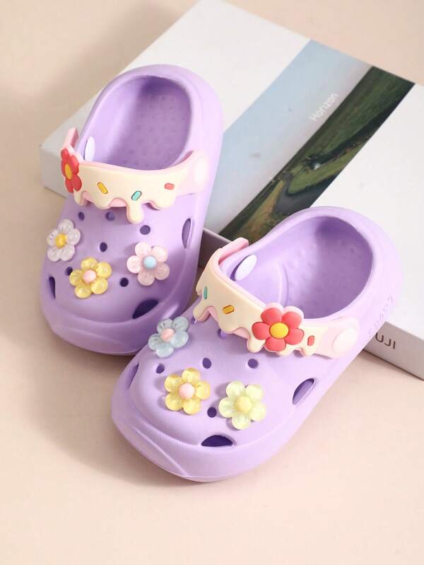 1 Pair Round Toe Flower Decor Princess Style EVA Soft Waterproof Anti-Slip Breathable Lightweight Flat Infant Sandals, Suitable For Summer Beach And Outdoor