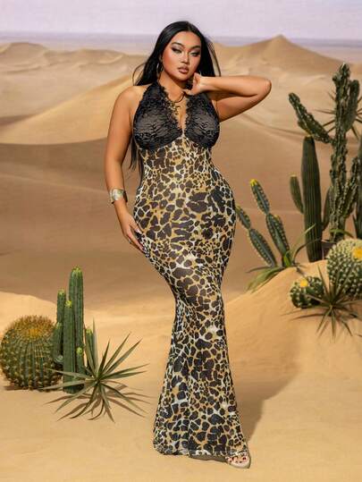 大码女士露背吊带连衣裙，可调节系带后背 - 性感美人鱼裙摆，修身蕾丝拼接 - 南非热门海滩装扮，适合热带度假、海岛之旅、海滩度假村、度假派对和海边写真拍摄