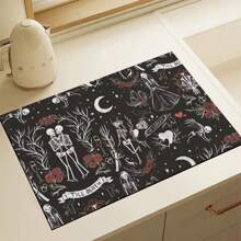 1 pieza Estera de secado para cocina con estampado de calavera y rosa, súper absorbente para ocultar manchas, con respaldo de goma, almohadilla multiusos para cafetera, encimeras, platos, absorbe el agua rápidamente