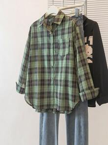 YUXIN Women's Retro Green Plaid Shirt For Spring & Summer, Loose BF - Style Sunscreen Jacket, Versatile & Slimming For Commuting And Outings - Green - View 12