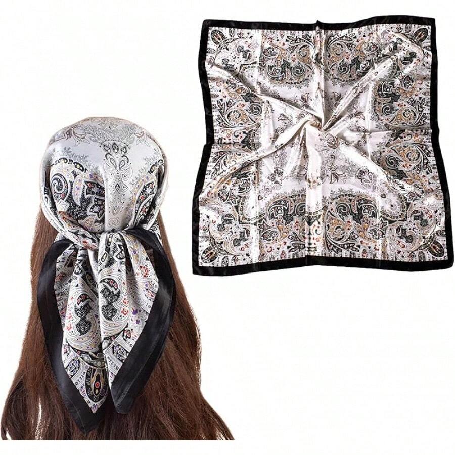 35 Inches Silk Head Scarf-Satin Hair Scarves Silk Bandana Scarf Headscarf For Women's Fashion Scarveshalloween - 大花腰果 - 黑色 - 查看 1