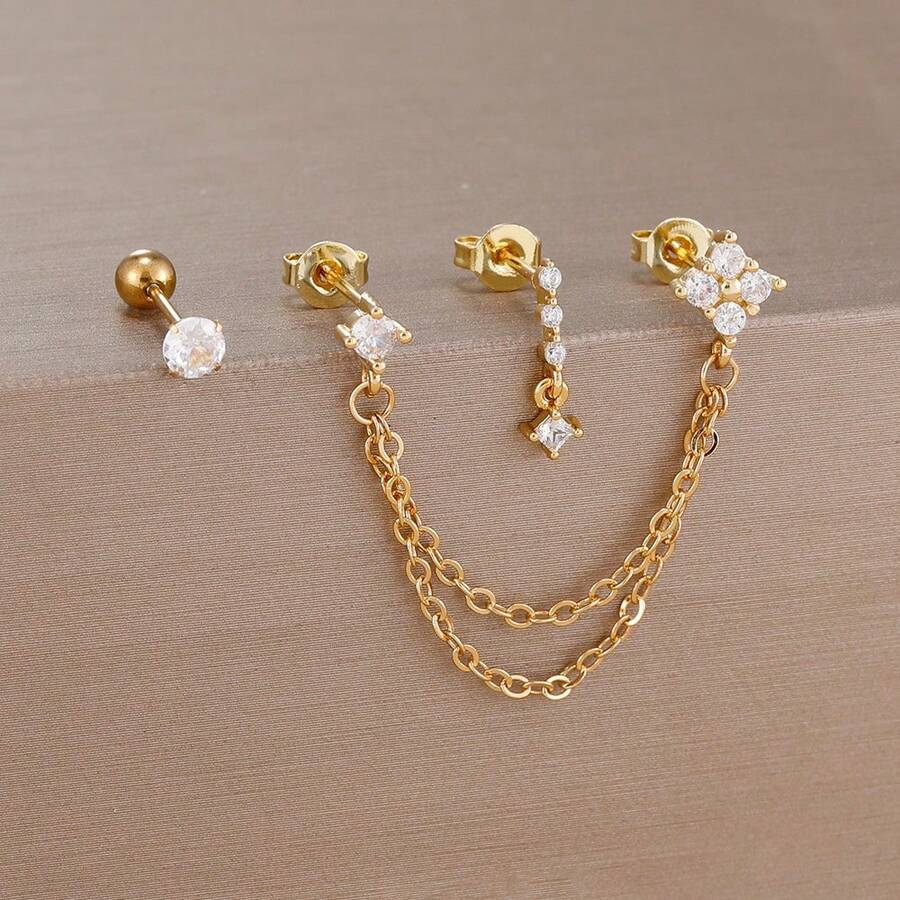 3 đôi hoa tai xỏ khuyên thời trang hình hoa bốn cánh cho nữ, thép không gỉ mạ vàng 18K và dây chuyền đồng, trang sức sang trọng cho ngày lễ tình nhân, mẹ, mẹ, ngày của mẹ, quà tặng - Bộ 3 bông tai - Xem 1