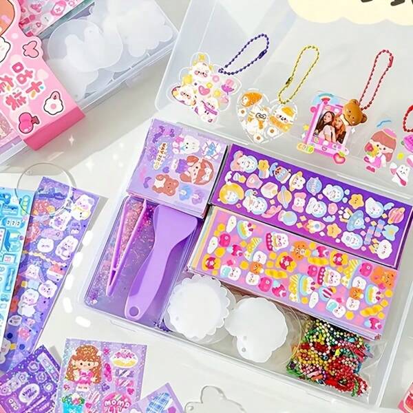 Set di 44/64/84 adesivi carini di cartoni animati Gouka, set di adesivi in scatola con colla cremosa, adesivi in acrilico trasparente, set di accessori fai-da-te per ragazze con sfondo per board, colore casuale, forniture scolastiche, per il ritorno a scuola