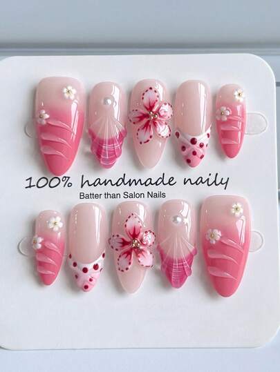 10 Stück rosa süße Aufklebe-Nägel in Mandelform mit Farbverlauf, rosa Linien, geeignet für Dates, Partys, wiederverwendbares Nagel-Set mit Nagelleim, Klebestreifen, Mini-Nagelfeile, Nagelbedarf