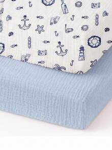 两件套平织棉婴儿床单、柔软透气婴儿床床垫罩、新生儿必备用品 - 彩色 - 查看 4