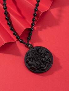 1pc Chinese Style Obsidian Stone Dragon Pixiu God Of Wealth Pendant Necklace - Black - View 11