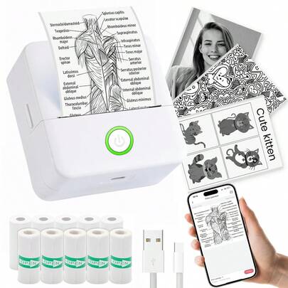 Mini Printer, Portable Label Maker, Inkless Printer With 10 Rolls Thermal Paper, Small Pocket Printer For Pictures, Photos, Journals, DIY, Home & Office Use