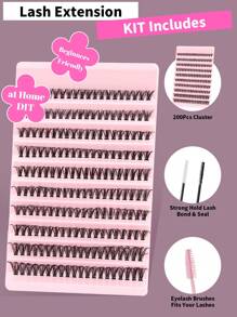 200 Peças Conjunto de Extensão de Cílios Falsos Tipo C com Adesivo de Extensão de Cílios, Pinça para Cílios, Escova para Cílios, Ferramentas para Cílios Falsos 10-16mm Comprimento Misto, Kit de Clusters de Cílios DIY para Cosplay, Animação e Maquiagem Diária