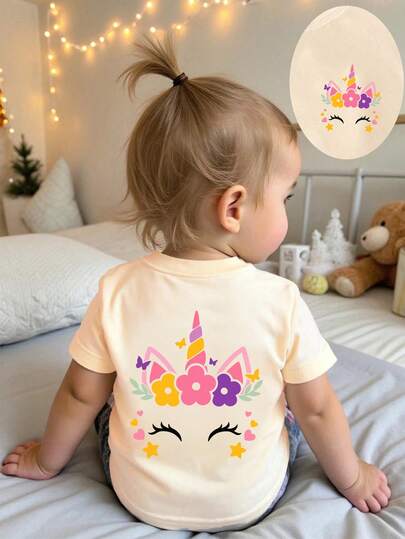 Infant Girls' Fashion Cute Cat Graphic Round Neck Short Sleeve Casual Top
