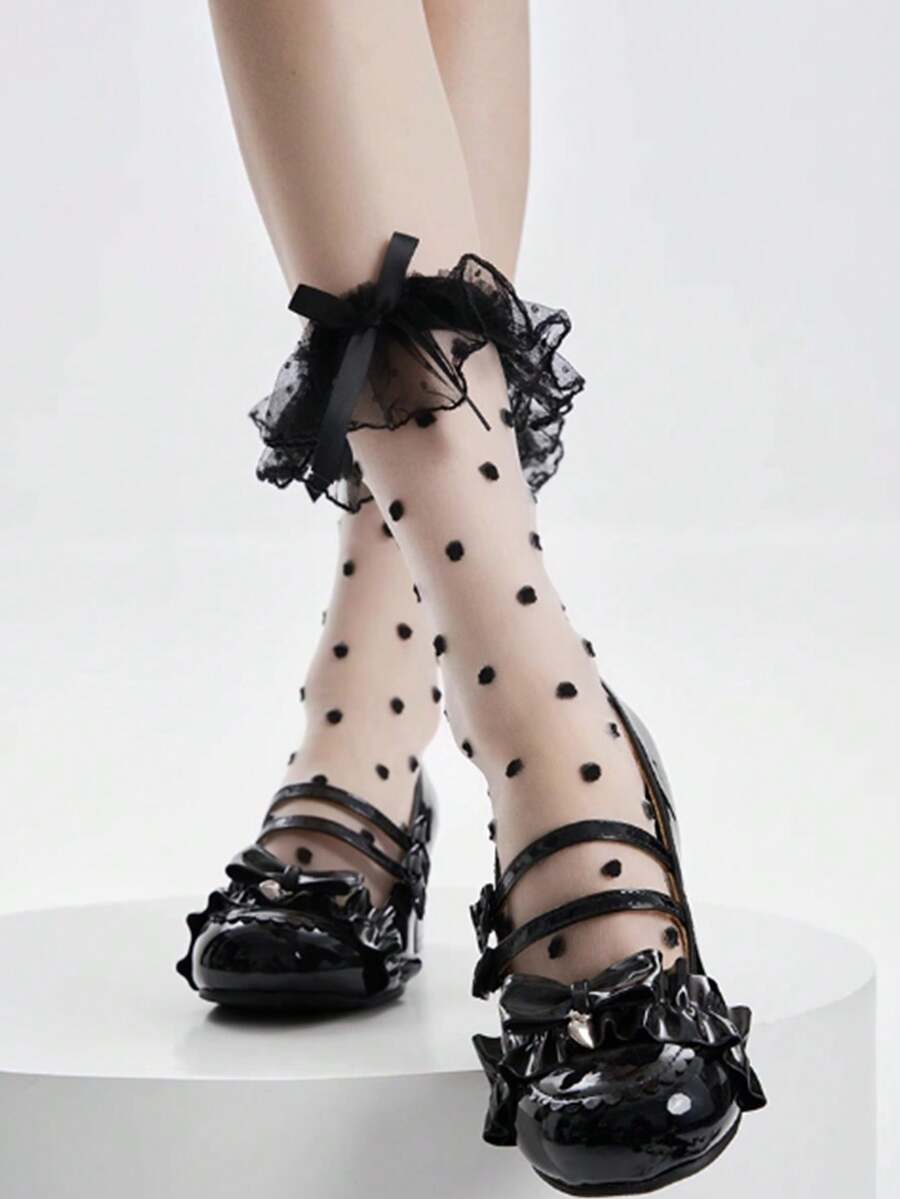 1 Pair Women's Lace Trim Bow Mesh Stockings, Sweet Lolita Mid-Calf Socks - Black - View 1