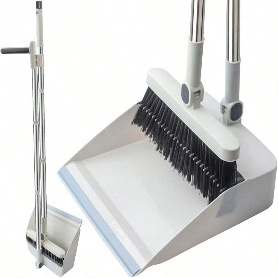 New Broom Dustpan Set With Comb Teeth Windproof Vertical Long Handle Broom Kit Dustpan Set Household Cleaning Sweep White - White - View 1