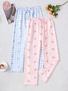 2 sztuki spodni piżamowych w kratę dla kobiet, luźne spodnie wypoczynkowe z kokardką, spodnie do spania dla kobiet, ubrania na jesień