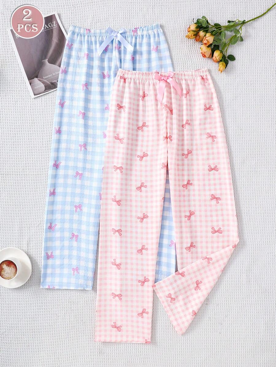 2 sztuki spodni piżamowych w kratę dla kobiet, luźne spodnie wypoczynkowe z kokardką, spodnie do spania dla kobiet, ubrania na jesień