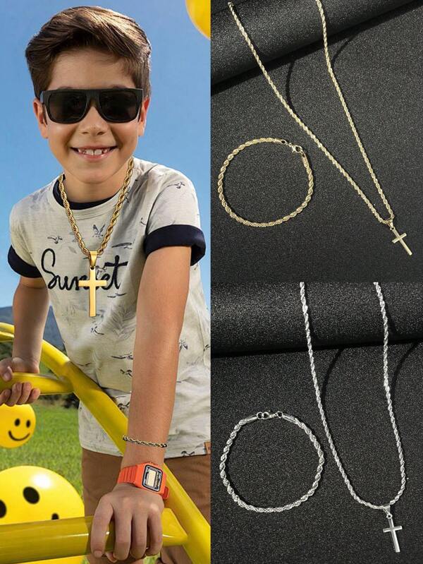 1pc Hip Hop Wrapped Chain Cross Pendant Necklace + 1pc Wrapped Chain Adjustable Bracelet, Unisex Jewelry Set Suitable For Casual, Street, Rock, Party, Birthday, Fashion Personalized, 2pcs