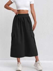 1 pièce Jupe longue élastique à taille haute de couleur unie, élégante et classique, avec poches latérales, en polyester, convient pour le printemps, l'été et l'automne, pour filles et adolescentes