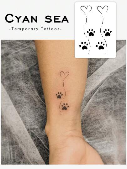 1pc Waterproof, Sweatproof, Washable, Non-Reflective Cute Black Dog Paw & Heart Balloon Temporary Tattoo Sticker, Suitable For People