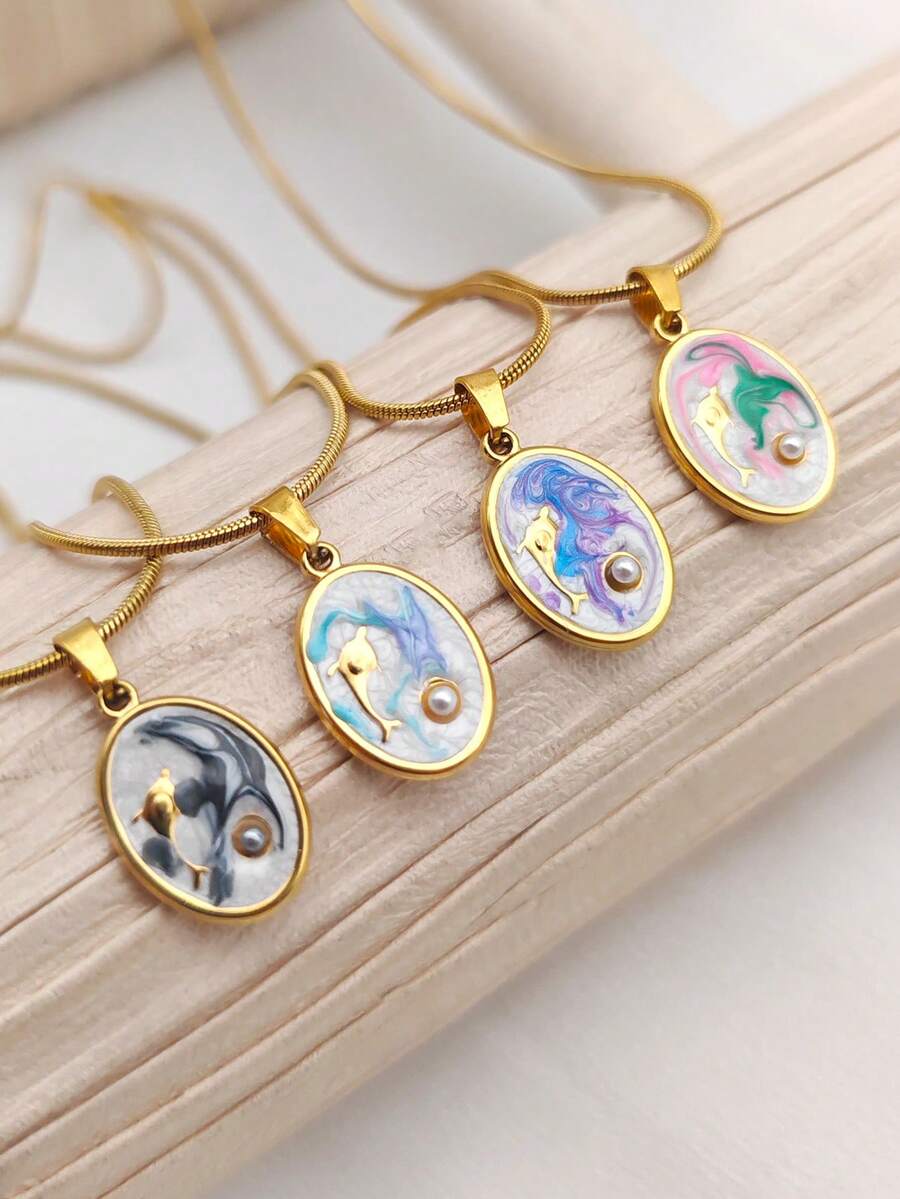 1 件 18K 镀金简约海豚项链，带珍珠，适合海滩，适合女士/女孩，是日常佩戴的绝佳礼物