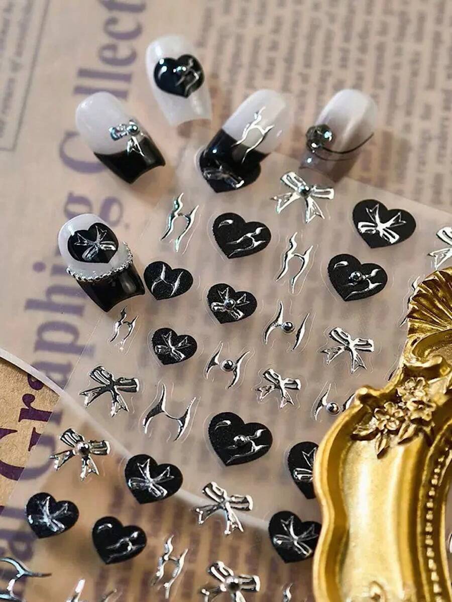 1 Stück Gothic Schwarze Herz Schleife 3D Nagel Sticker - Gold - Folie Gelee Glas - Konfetti Design, perfekt für Halloween Goth Süße Avantgarde Mädchen Nägel