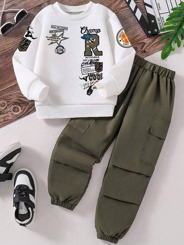Tween Boy Letter Graphic Print Crew Neck Long Sleeve Top And Solid Color Pants Set