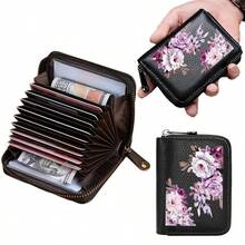 Cartera de mujer/hombre con flores de piel sintética, cremallera acordeón, monedero, tarjetero, tarjetero de crédito, regalo de aniversario, pequeños regalos, ideas de regalo para mujer, cartera mini, monedero - Multicolor - Ver 2
