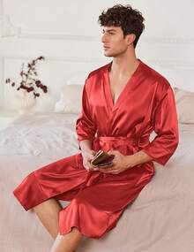 Mens Satin Robe Lightweight Silky Kimono Bathrobe 3/4 Sleeve Spa Knee Length Loungewear With Pockets S-3XLhalloween - Red - View 6