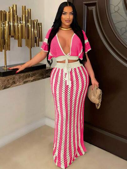 2pcs Set Fashionable Sexy V-Neck Hollow Top & Striped Low Waist Long Skirt