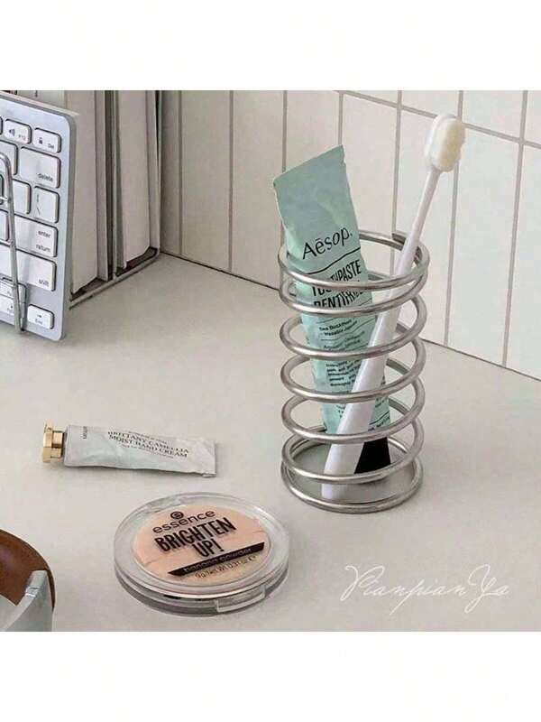1pc Stainless Steel Toothbrush Holder Screw Squeezing Tooth Holder Storage Rack, Makeup Brush Organizer & Pen Cup