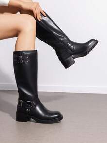 Omen's Knee-High Boots, Comfortable Chunky Block Heel Pointed Toe Pull On Side Zipper Suede Slouch Riding Boots - Black/PU - View 2