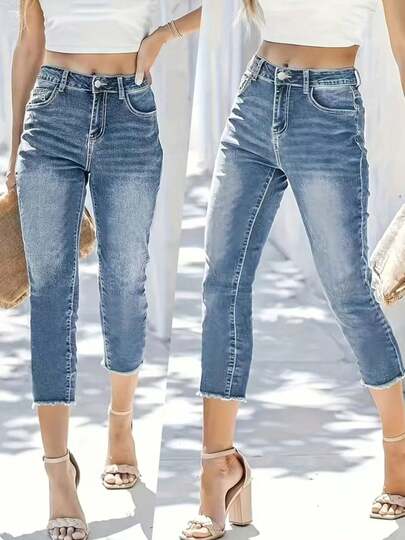 Women Cropped Capri Jeans Raw Hem Casual Denim Pants Skinny High Waisted Stretchy Trouser Summer Clothes Outfits Streetwear Vintage, Capris For Women, Pride 4th Of July Women, Vacation Outfits For Women, Vacay Jeans, Teacher Outfits For Women