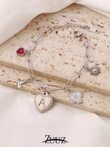 1pc Fashionable Stainless Steel A-Z Heart-Shaped Letter Pendant Bracelet, Women's Initial Butterfly, Heart, Sun, Clover Pendant Bracelet, Couple Jewelry Gift, Suitable For Daily Wear - Bracelet - View 9