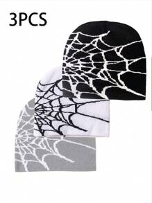 3 件蜘蛛网休闲街头风格腈纶混纺拼色针织帽，适合日常穿着秋季配饰 - 彩色 - 查看 3
