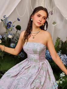 Faeriesty 无肩带中长款花卉刺绣连衣裙，采用编织提花面料 - 飘逸的 A 字裙，适合春夏季花园派对和婚礼宾客着装（柔和的薰衣草和薄荷色调，浪漫优雅）