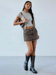 Women Denim Skort Skirt Stretchy Mid Waist Y2K Sexy Mini Skirts Dressy Casual Jean Skorts - 灰色 - 查看 3