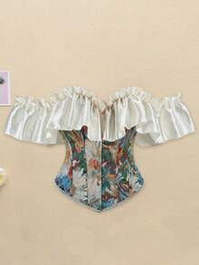 Women Corset Bustier Tops Vintage Jacquard Flower Ruffle Sleeve Body Shaper  Renaissance Shirts - Green - View 5