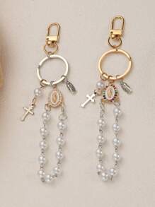 1 pezzo Portachiavi con ciondolo a croce con perle e strass della Vergine Maria, adatto per decorare borse o come regalo per insegnanti, famiglia e amici durante la stagione del ritorno a scuola, accessori per auto, stile gotico carino Y2K