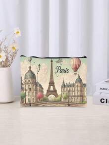 1pc Parisian Dreams Makeup Bag - Eiffel Tower & Hot Air BalloonDesign, Unscented, With Secure Zipper - Ideal For Travel & Everyday Use-Perfect Gift For Women On Christmas, Birthdays, Graduationstravel Essentials Vacation Summer Holiday Back To School School Stuff Bag For School Wash Bag Travel Supplies Waterproof Toiletry Bag