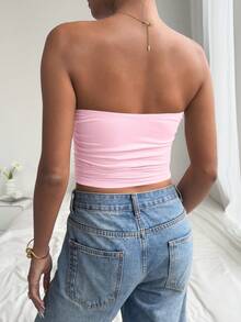 Mystra Summer Solid Color Wrap Chest Backless Ruched U-Shaped Buckle Water Drop Hollow Design Sexy Elegant Fitted Tube Top Casual Pink - Pink - View 5