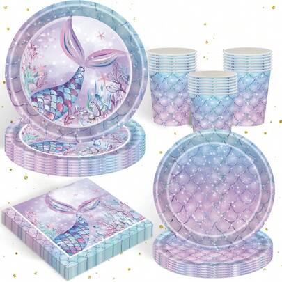 10 件/20 件/50 件，美人鱼盘子和餐巾餐具套装，美人鱼派对用品（混合 2 种设计），包括 9 英寸 7 英寸食物盘和甜点盘餐巾杯，生日派对装饰品（紫色）